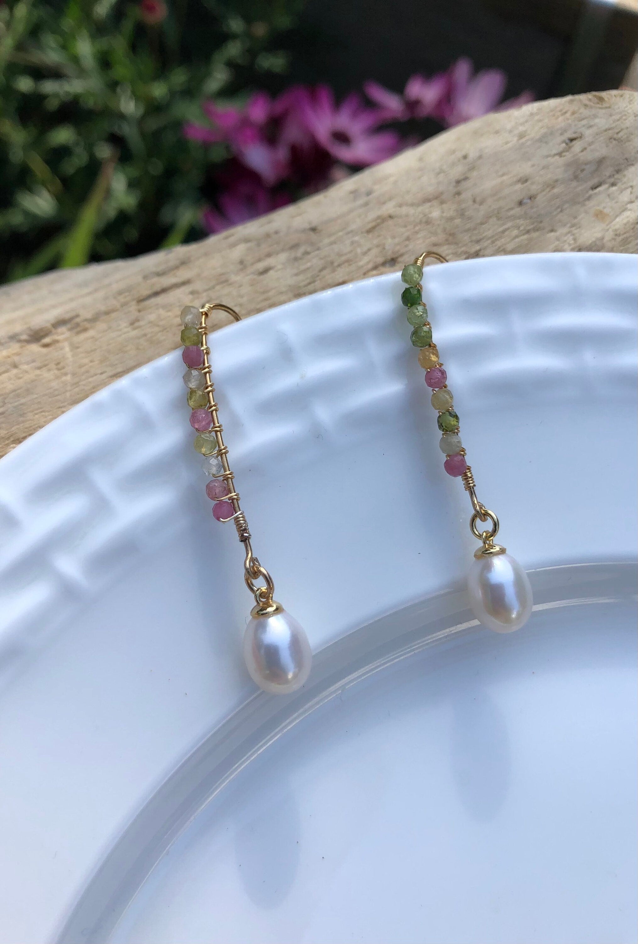 14K gold filled wire wrapped Genuine gemstones dangle charm freshwater pearl earrings. tourmaline earrings. Candy earrings.