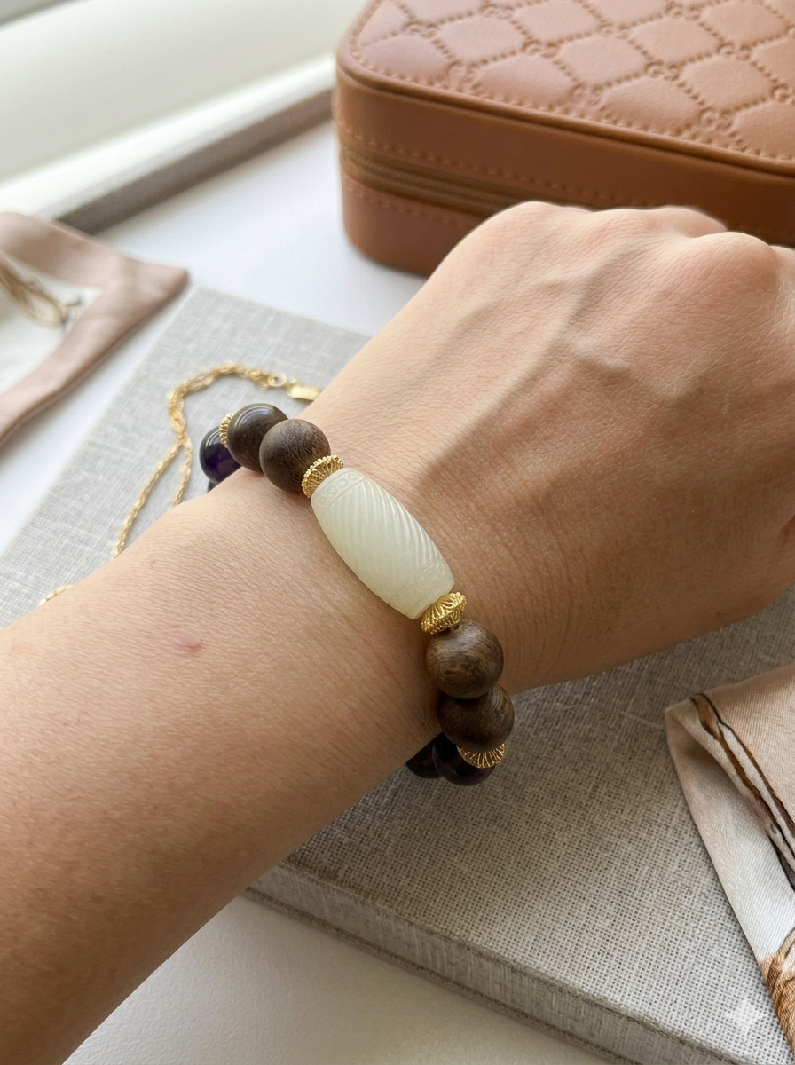 Harmony Series Bracelet: Amethyst, Agarwood, & Carved Jade