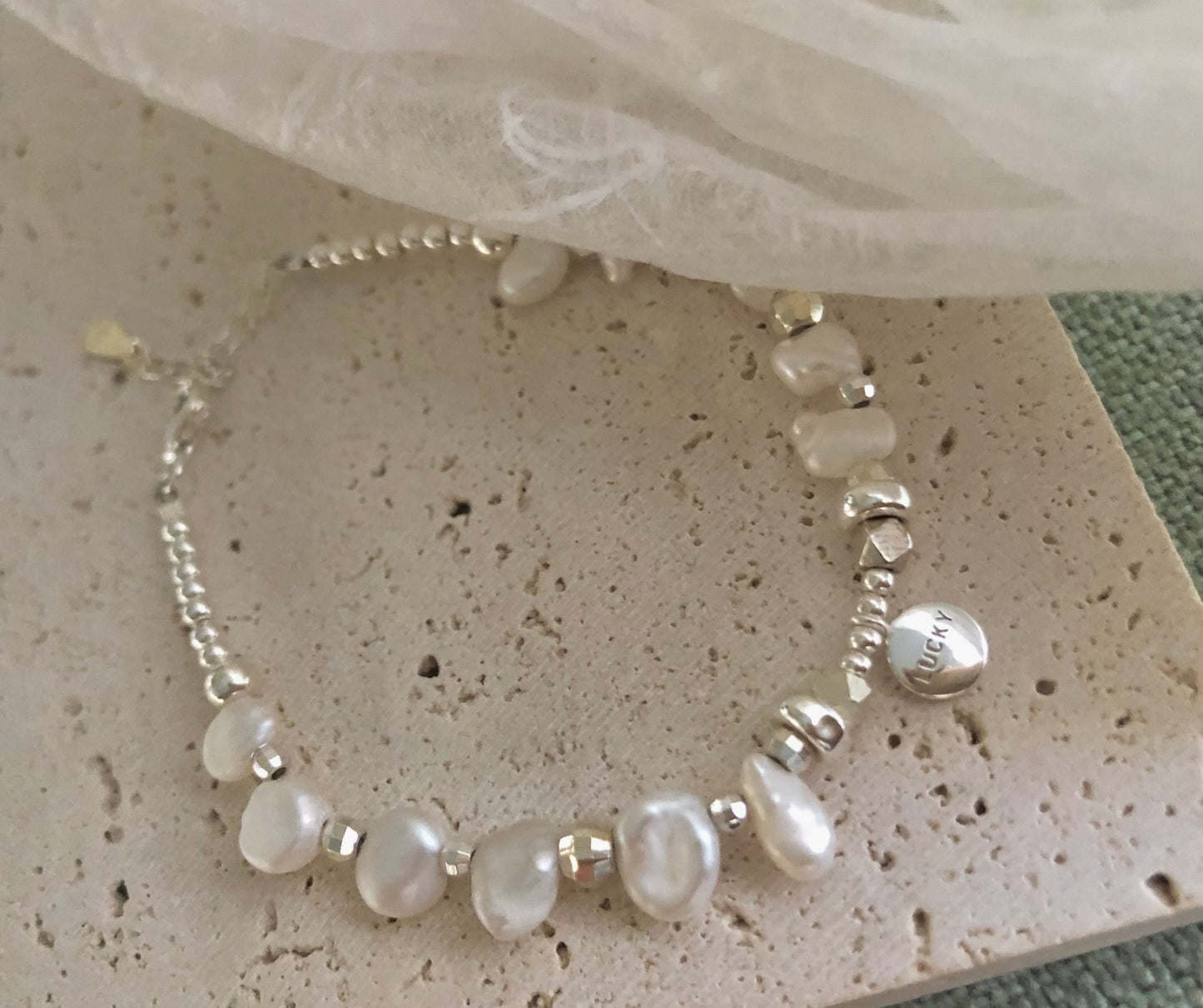 925 sterling silver freshwater pearl Dangle lucky designs bracelet. Baroque petal pearl bracelet. Adorable bracelet. Boho bracelet