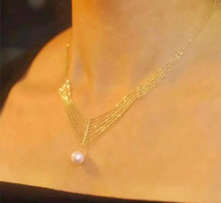 Baroque pearl waving layered chain necklace. Tassels necklace. Boho necklace. Wedding necklace. Gift for her