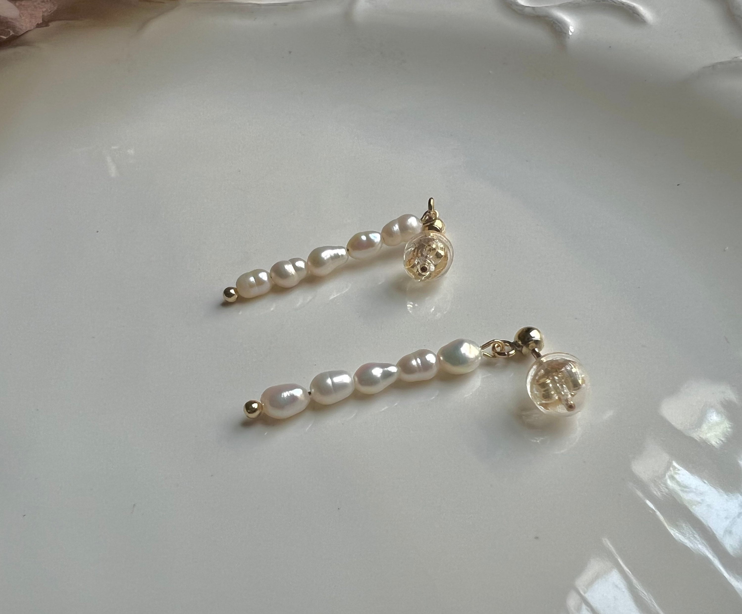14K gold filled freshwater tiny pearl dangle stud earring. Minimalist clip on earrings. Bridal earrings. Bridesmaid gift.