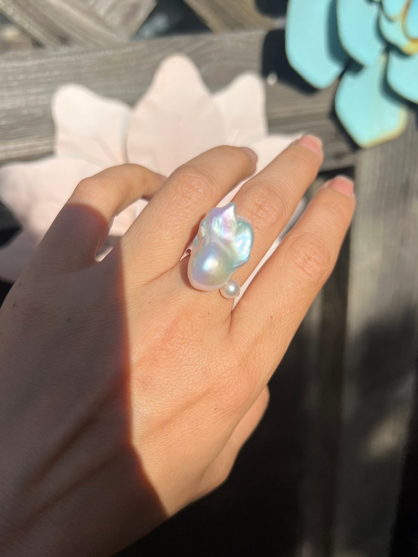 14K gold filled AAA quality luster baroque pearl open adjustable ring. Cultured double pearl ring. White fireball baroque ring. Gift.
