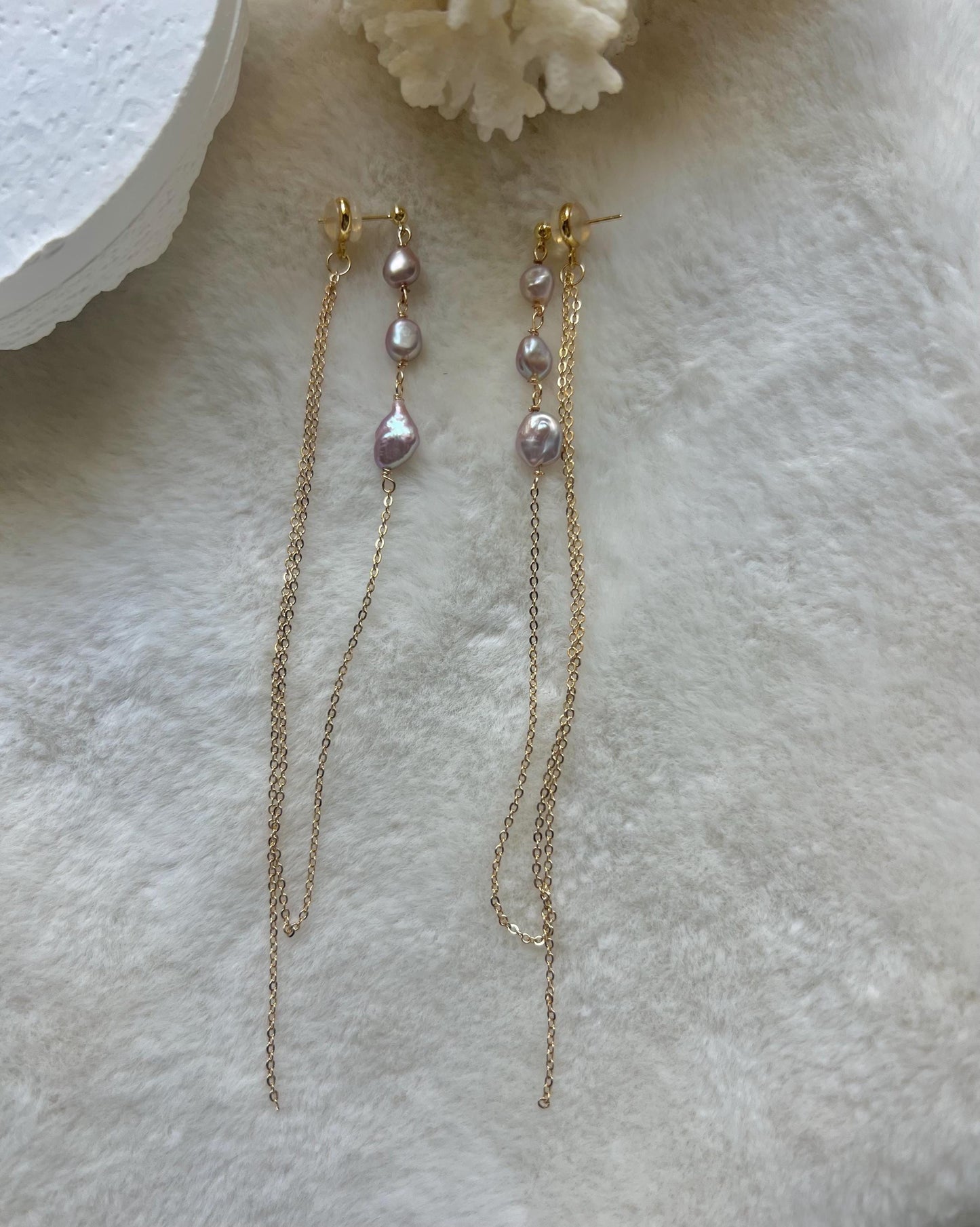 14K gold filled freshwater Pearl ear back dangle tassels earrings. minimalist chain earring. Bridal earring. Bridesmaid gift