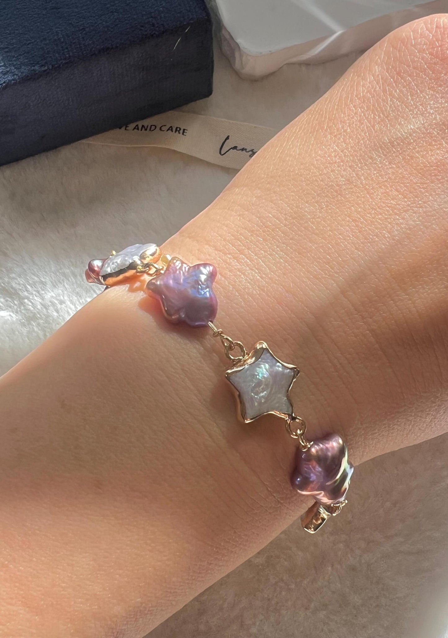 14K gold filled multicolored Genuine pearl star elegant bracelet. Dainty bracelet. Minimalist bracelet. Gift for her.