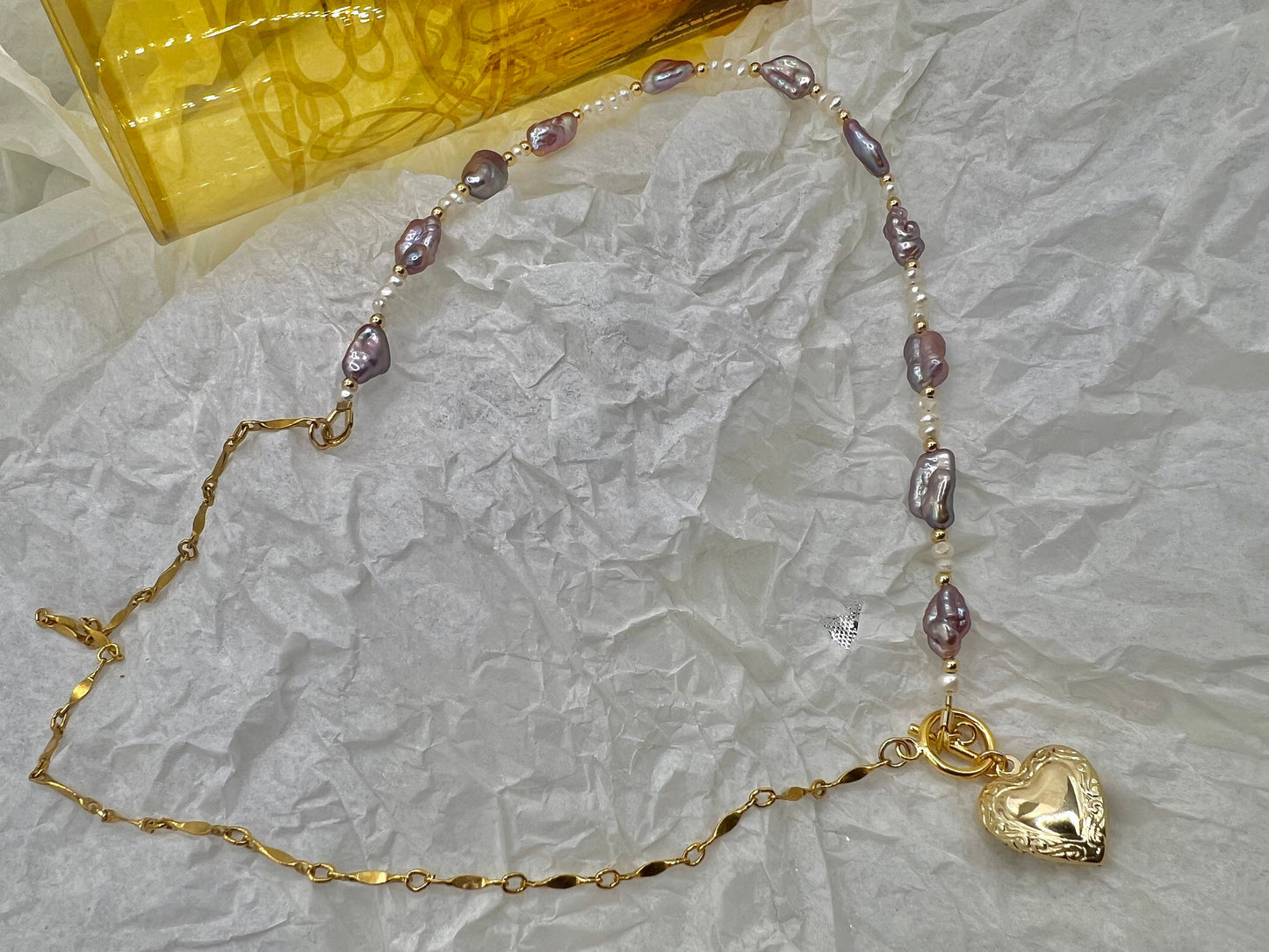14K gold filled High quality luster baroque AAAA Keshi purple pearl half chain necklace. Charm reflection necklace. Minimalist. Heart.