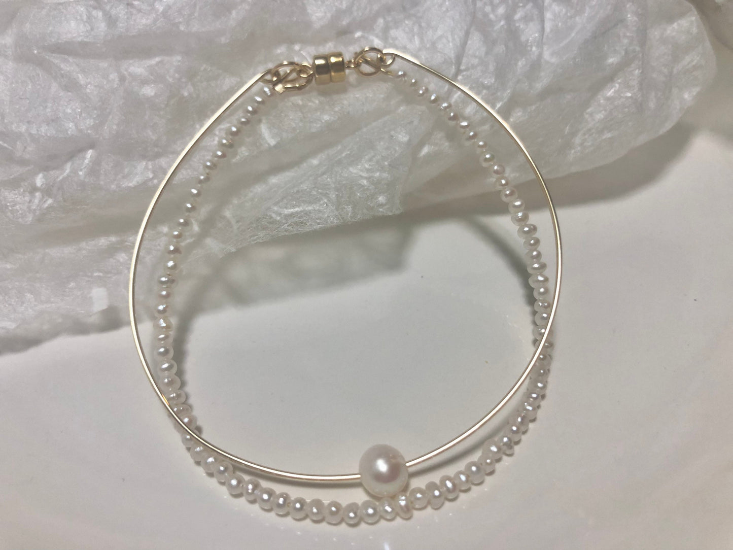 14K gold filled freshwater pearl vintage style double layered Chic bracelet. Real pearl bangle. Baby pearl bangle. Elegant pearl bracelet.