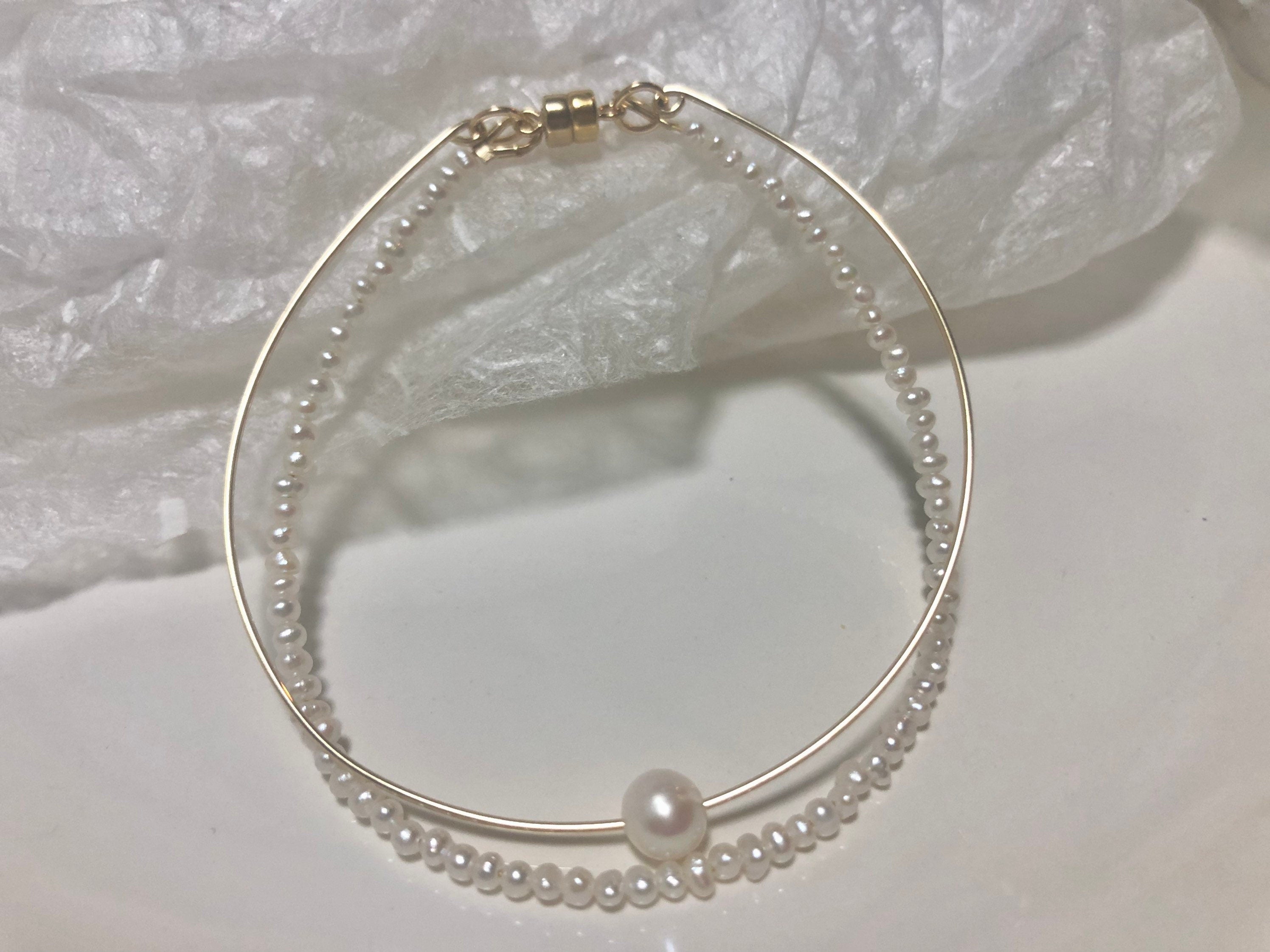 14K gold filled freshwater pearl vintage style double layered Chic bracelet. Real pearl bangle. Baby pearl bangle. Elegant pearl bracelet.