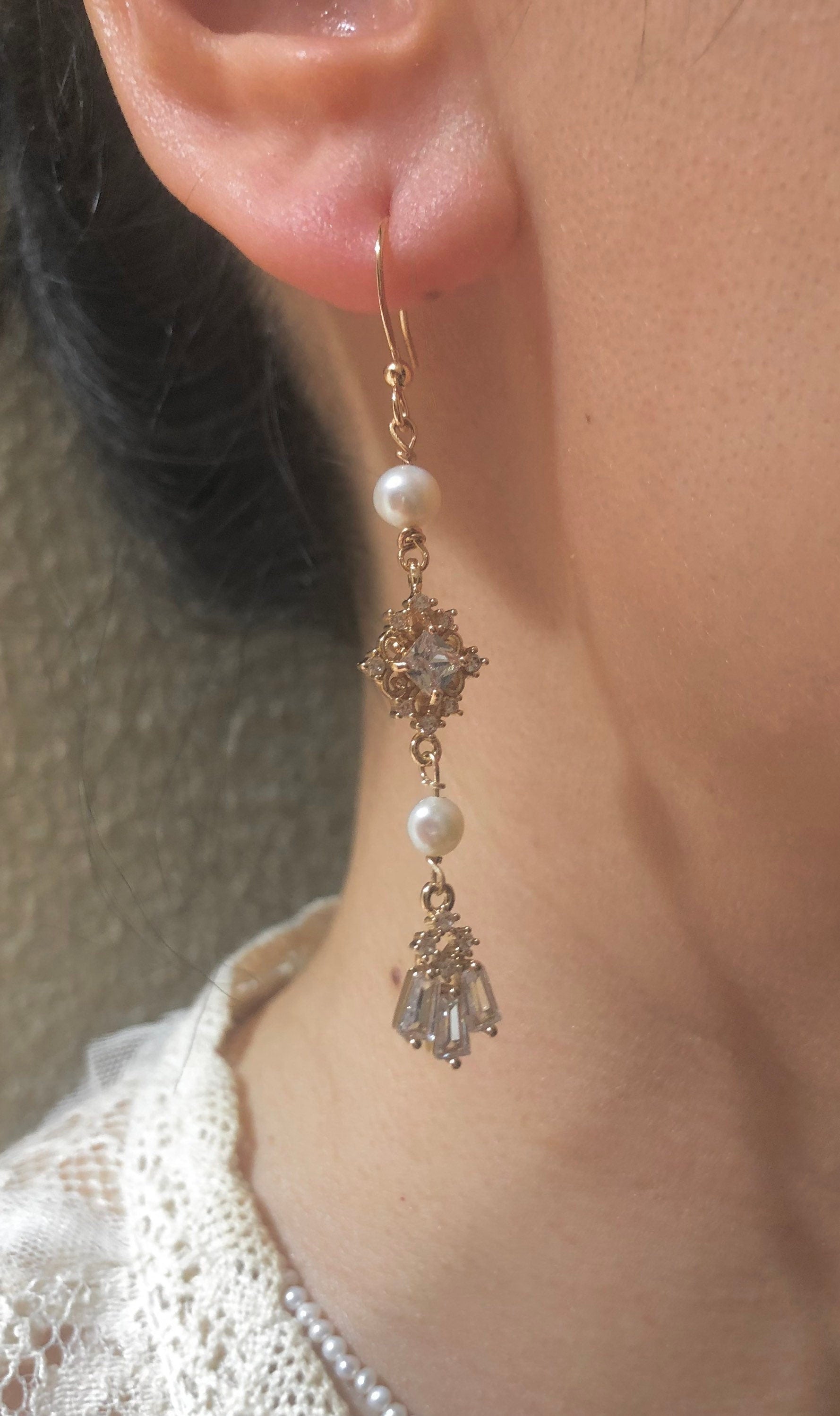 Victoria style elegant genuine pearl dainty earring. delicate zircon earring. France style design Swarovski earring. Wedding earring