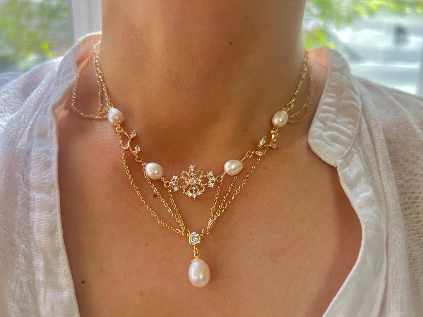 Vintage style freshwater pearl filigree necklace. Art nouveau necklace. Diamonds necklace. Victoria style necklace. Gift for her