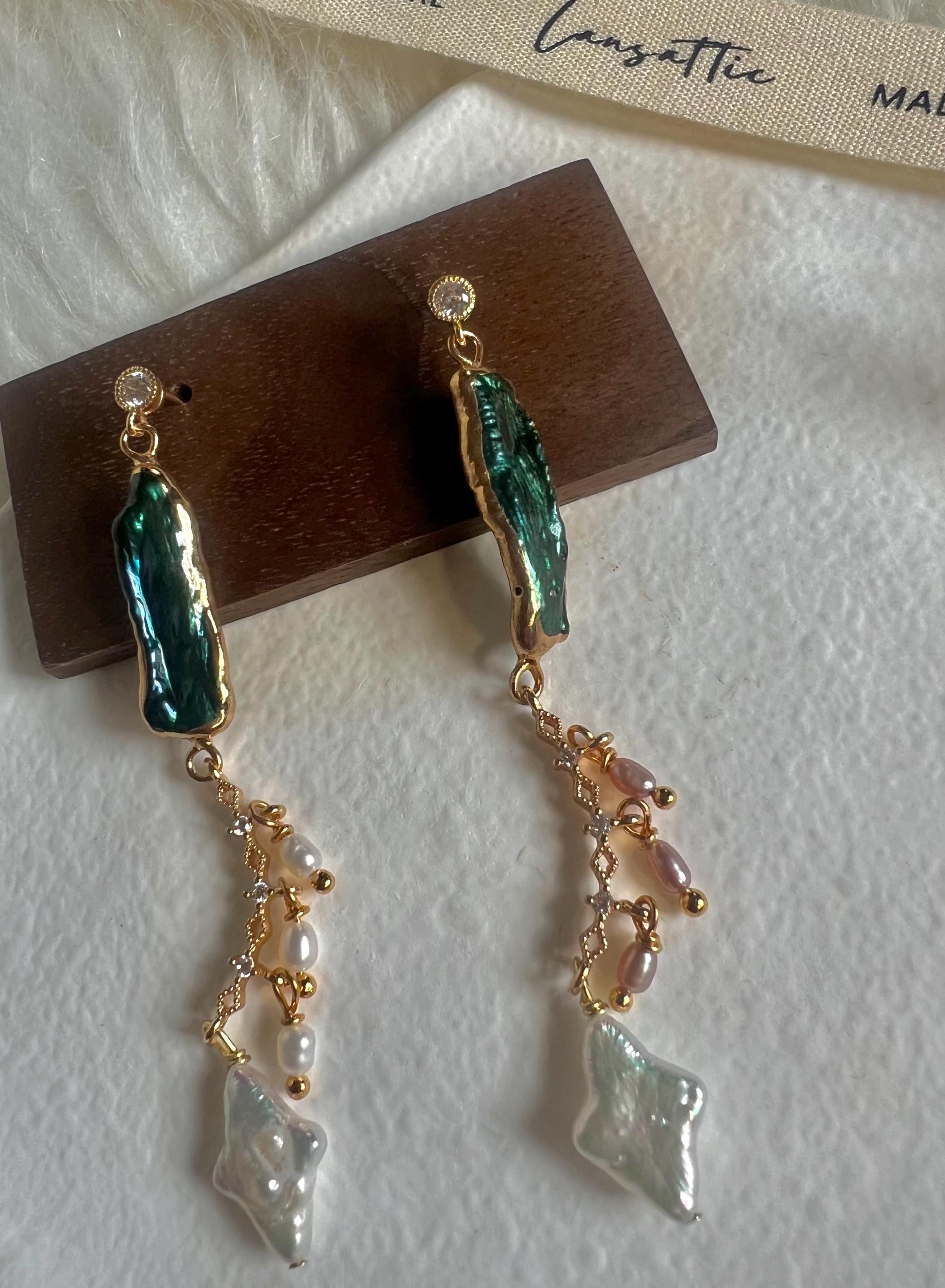 Genuine freshwater irregular baroque pearl long dangle star earrings . Unbalanced. Bridal boho pearl earrings. Art deco pearl earrings.