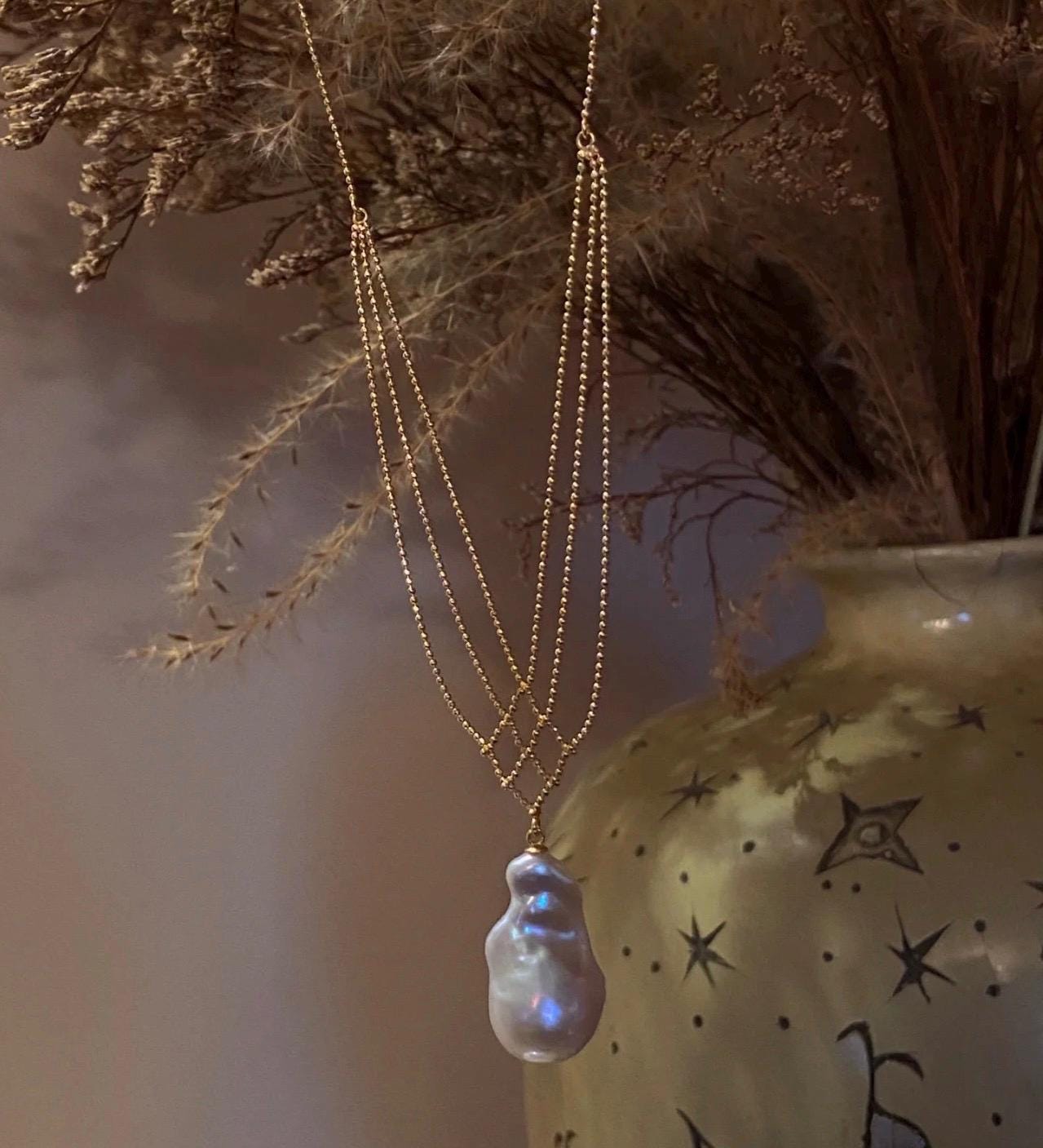 14k gold filled freshwater pearl France style double chain elegant dangle necklace. Wave necklace. Bridal necklace.