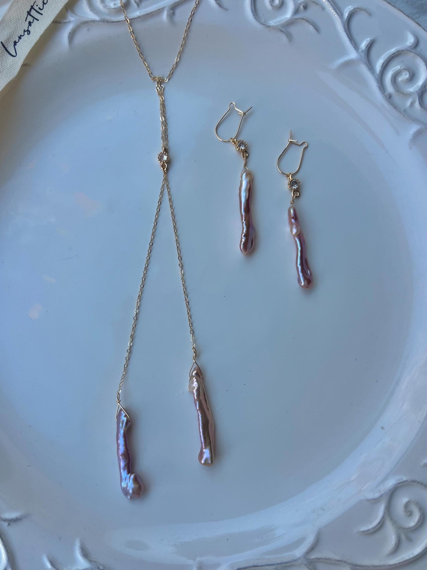 14K gold filled stick pearl Y necklace.  ZC emerald necklace. Diamond necklace. Bride necklace. Weddingnecklace