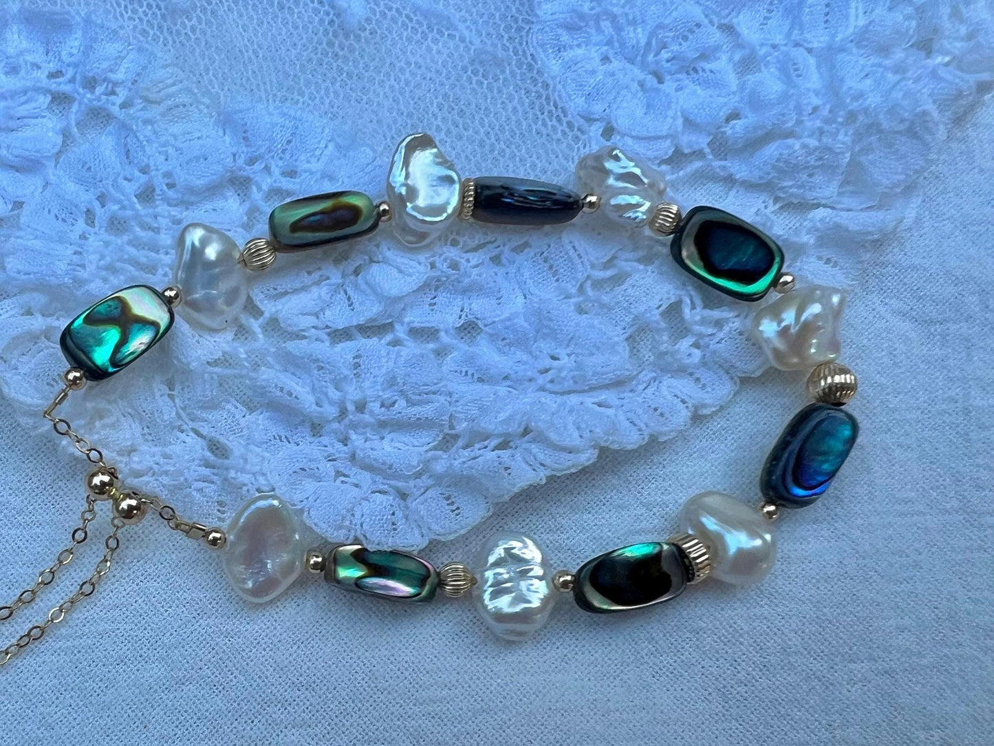 14K gold filled abalone baroque pearl elephant bracelet. Petal pearl bracelet. Lightweight bracelet. Adjustable bracelet