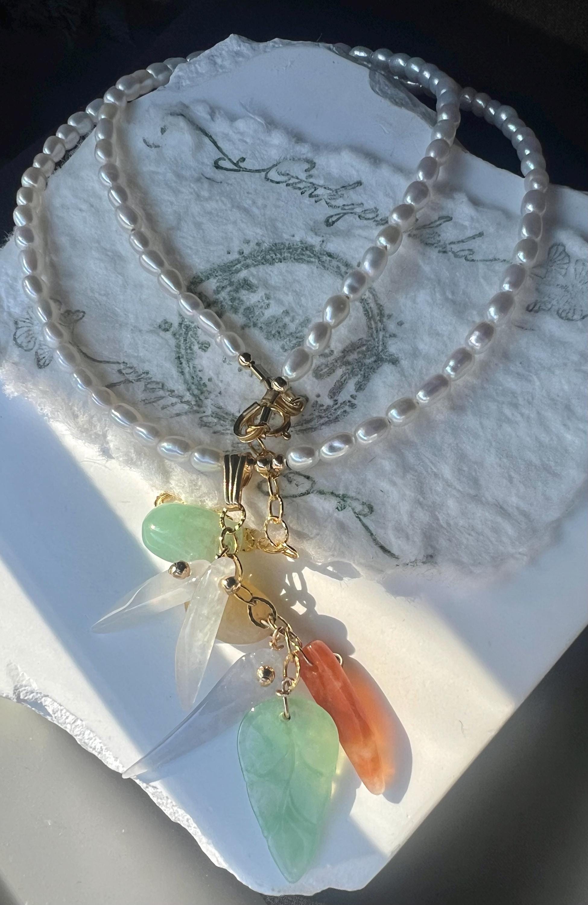 Handmade Freshwater Seed Pearl Necklace with jadeite Cluster Pendant • Carved Jade Leaf & Green jadeite Charms • Dainty Rice Pearl Choker
