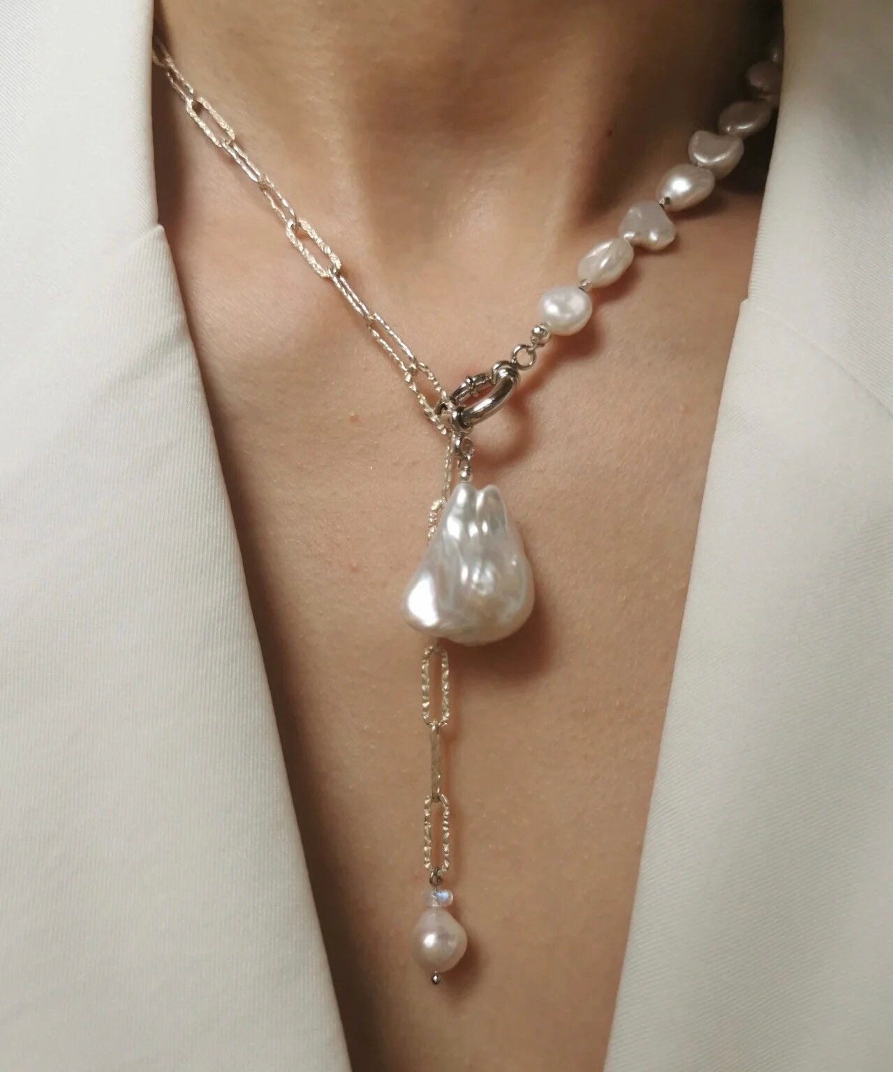 925 sterling silver baroque petal pearl half chain Sparkle charm necklace. Rectangle chain necklace. Minimalist necklace. Chic necklace