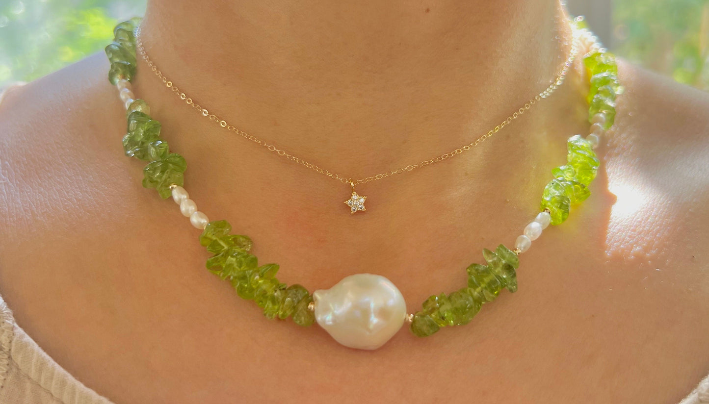 14K gold freshwater baroque pearl olivine gemstone necklaces. Pearl gemstone necklace. Candy pearl necklace. Gift for her