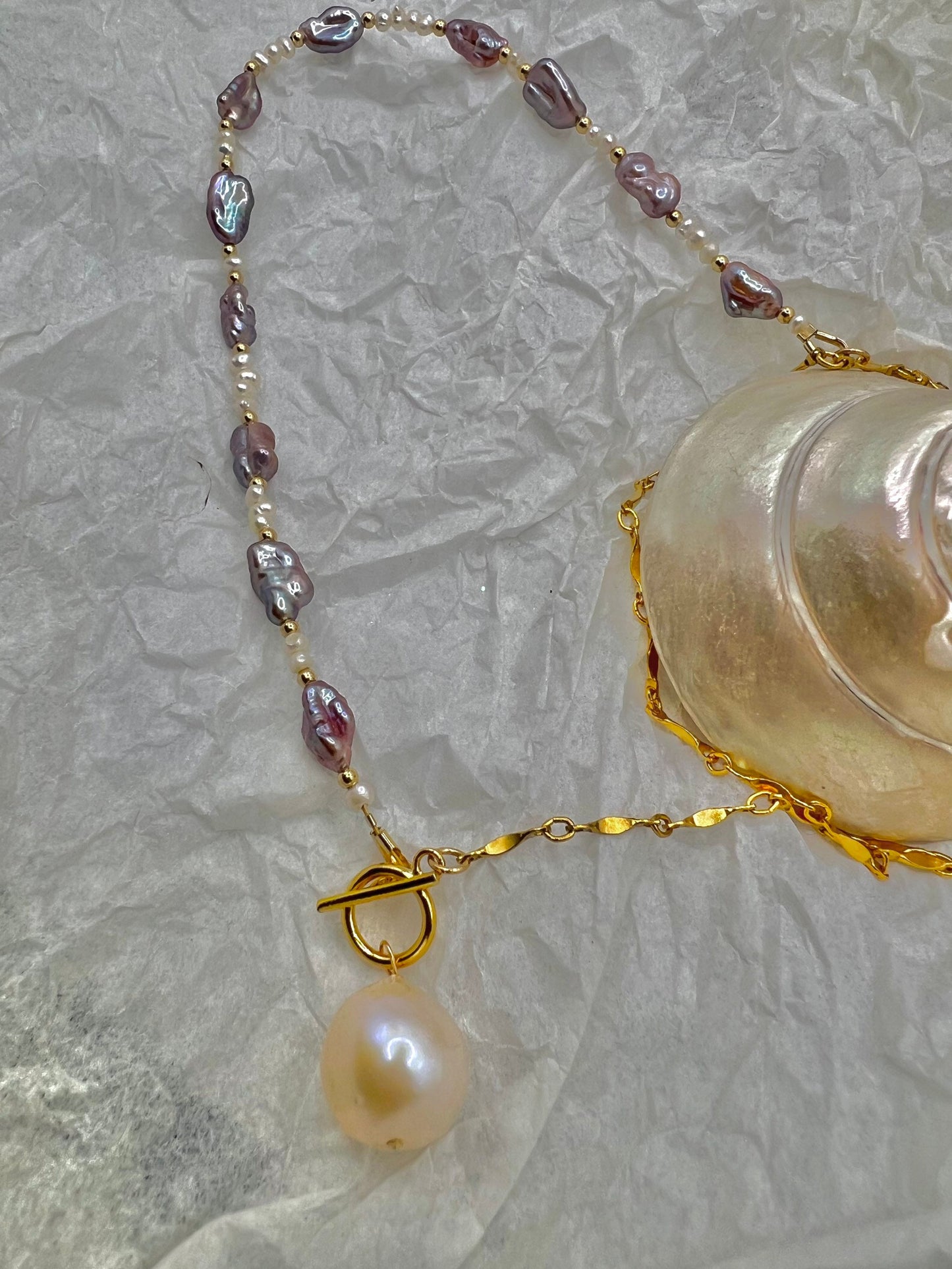 14K gold filled High quality luster baroque AAAA Keshi purple pearl half chain necklace. Charm reflection necklace. Minimalist. Heart.