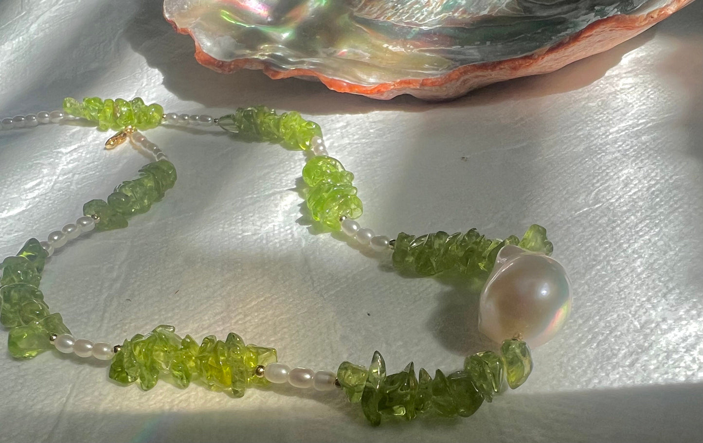 14K gold freshwater baroque pearl olivine gemstone necklaces. Pearl gemstone necklace. Candy pearl necklace. Gift for her