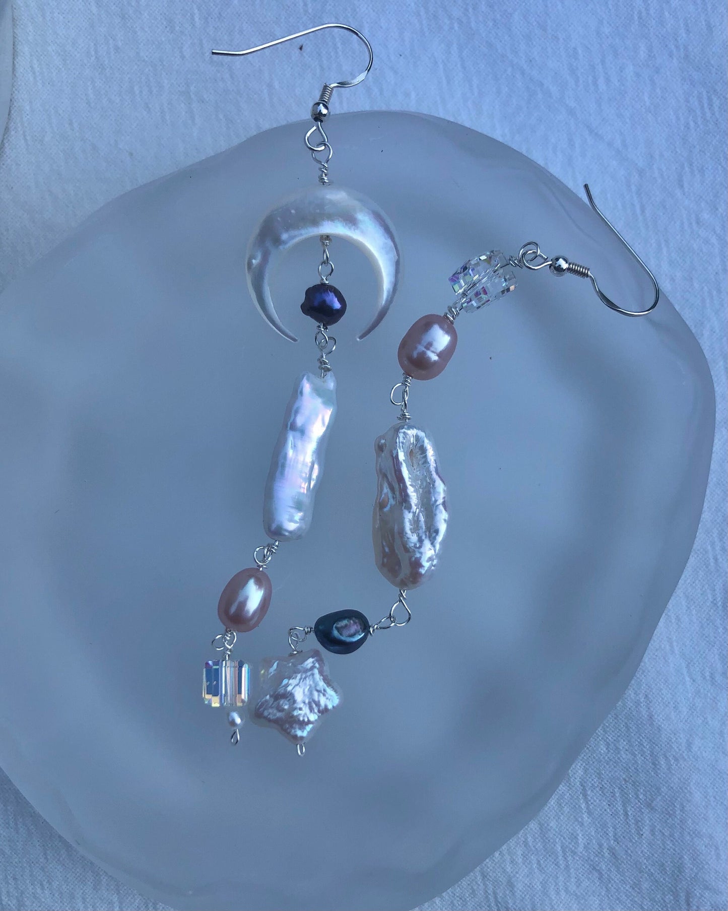 Multicolored multi-shape freshwater baroque pearl earring. Moon and star earrings. Crystal dangle Bridal earrings. Space sparkle earrings.