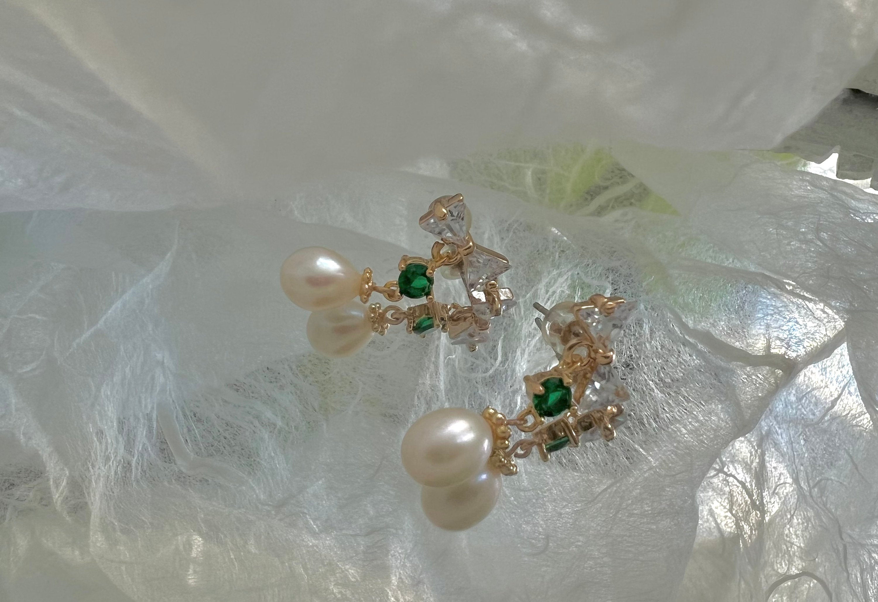 Butterfly stud freshwater pearl dangle earrings in sterling sliver. Delicate earrings. CZ crystal earrings. Emerald earrings. Drop earrings.