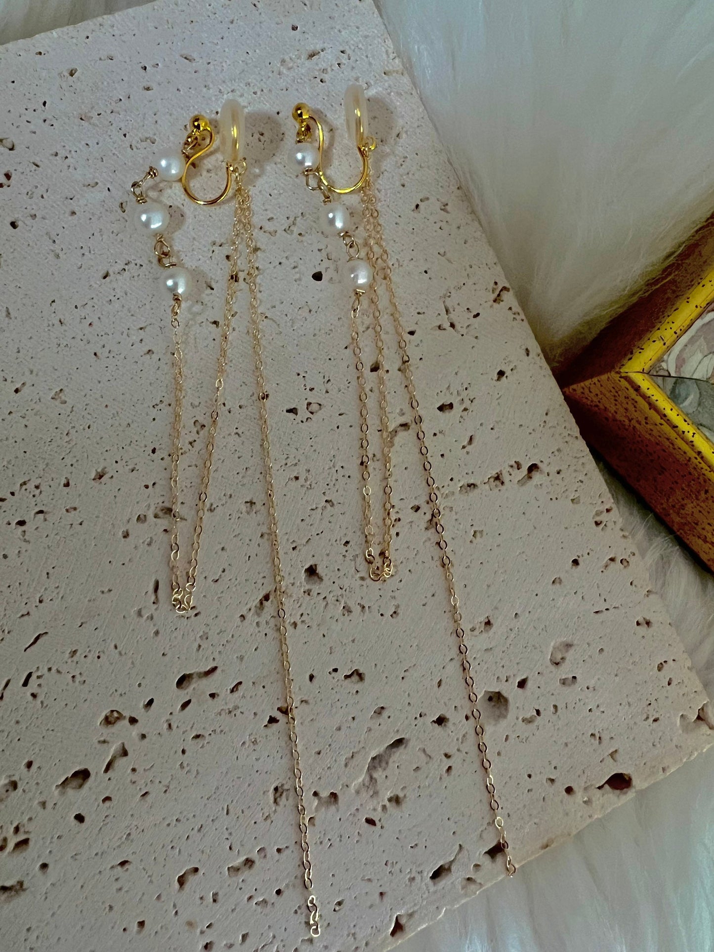 14K gold filled freshwater Pearl ear back dangle tassels earrings. minimalist chain earring. Bridal earring. Bridesmaid gift