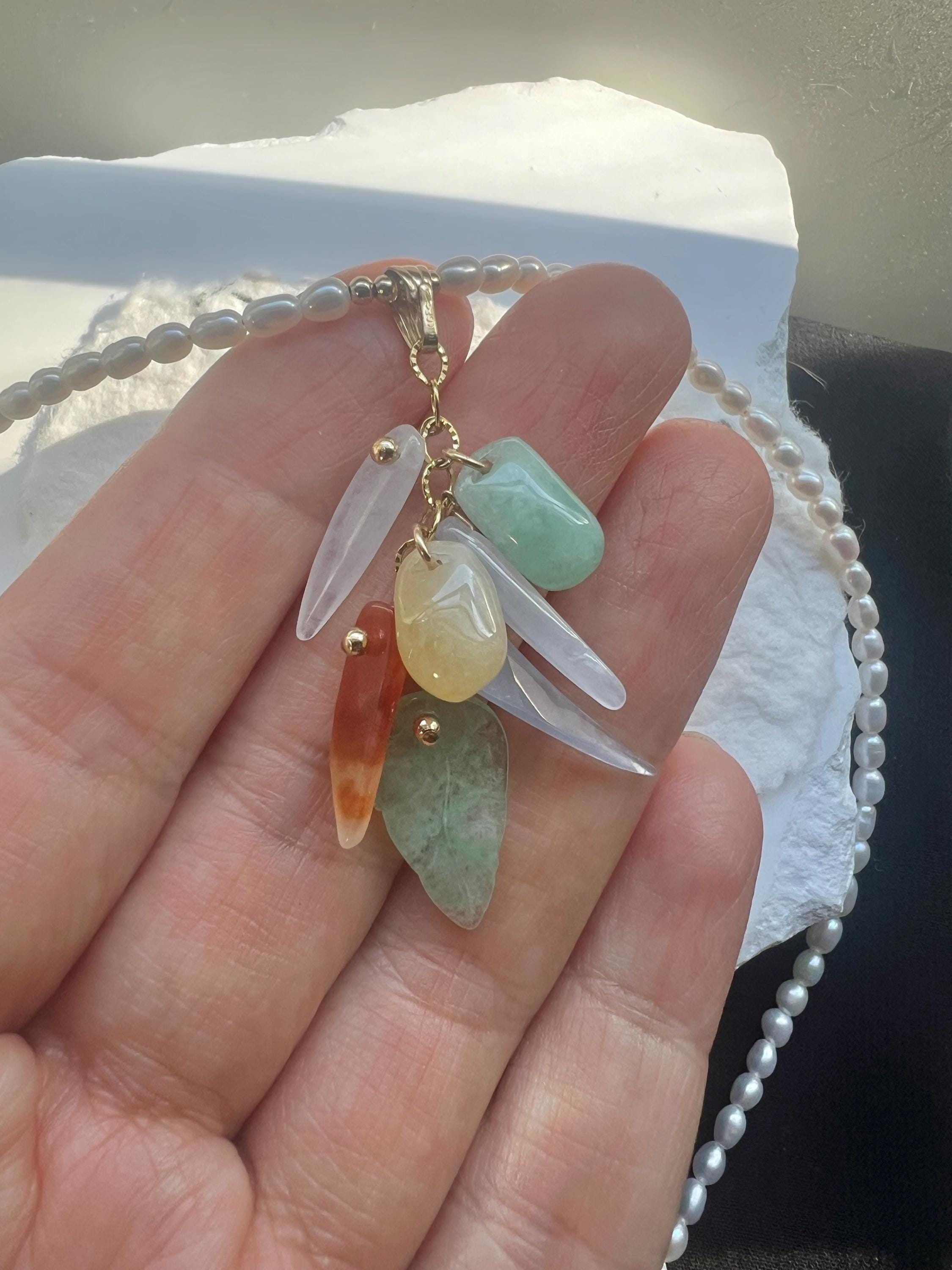 Handmade Freshwater Seed Pearl Necklace with jadeite Cluster Pendant • Carved Jade Leaf & Green jadeite Charms • Dainty Rice Pearl Choker