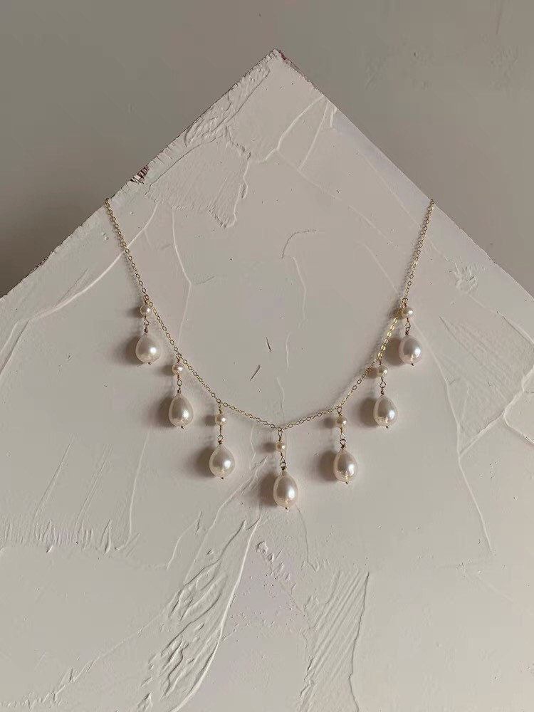 14K gold filled freshwater pearl France style lace necklace. Multiple-Layered dangle pearl necklace. Wedding necklace. Bridal necklace.