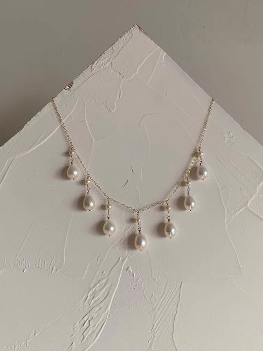 14K gold filled freshwater pearl France style lace necklace. Multiple-Layered dangle pearl necklace. Wedding necklace. Bridal necklace.