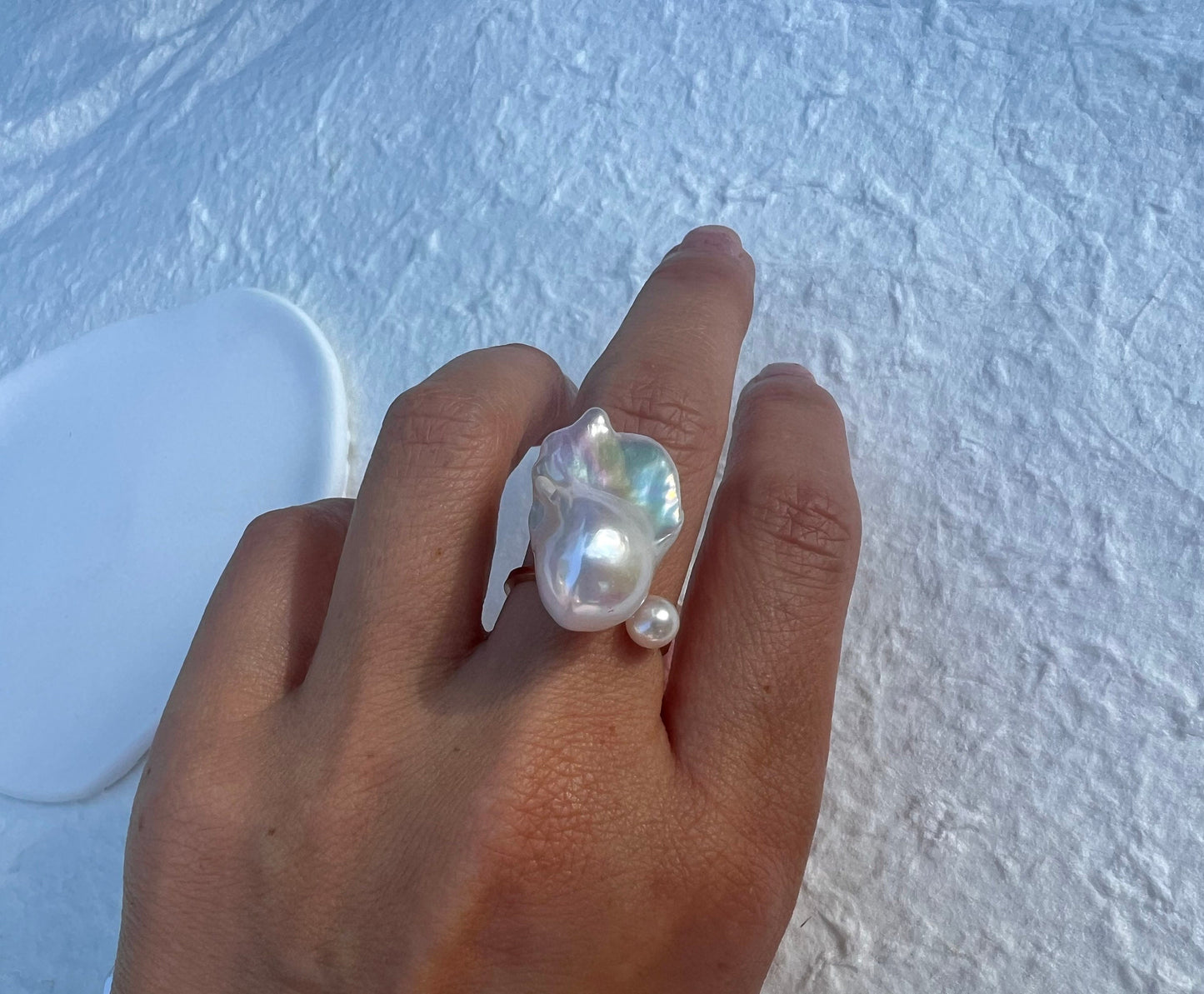 14K gold filled AAA quality luster baroque pearl open adjustable ring. Cultured double pearl ring. White fireball baroque ring. Gift.