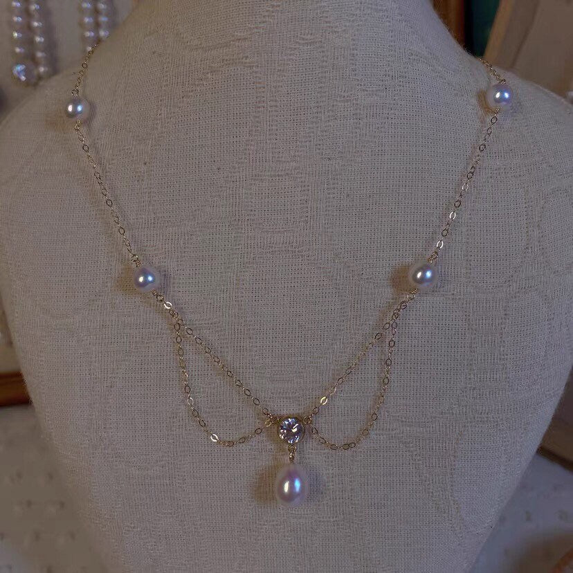 14k gold filled freshwater pearl France style double chain elegant dangle necklace. Wave necklace. Bridal necklace.