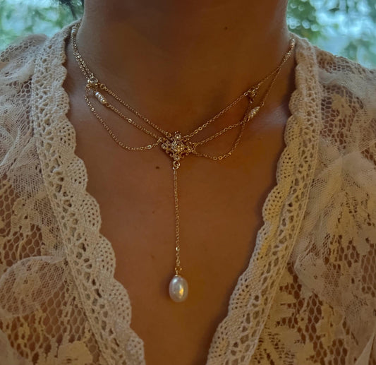 Vintage style freshwater pearl filigree necklace. Art nouveau necklace. Diamonds necklace. Victoria style necklace. Gift for her