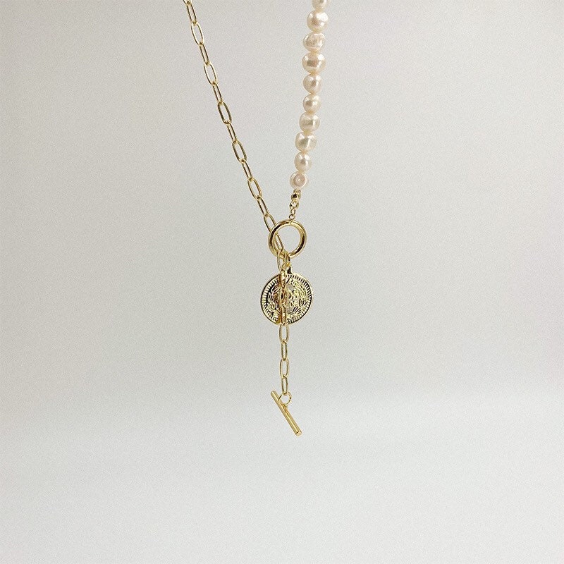 925 sterling silver freshwater pearl paperclip chain half necklace. Pearl statement necklace. Real pearl necklace. Chic necklace