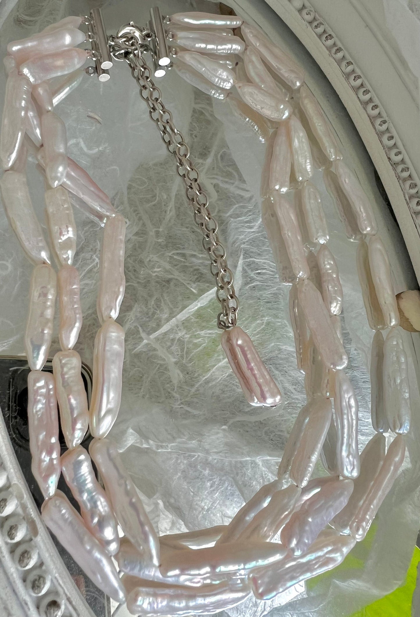 Freshwater keshi pearl triple layered strand necklace. Biwa pearl statement necklace. Boho necklace. OT chunky necklace. Wedding necklace