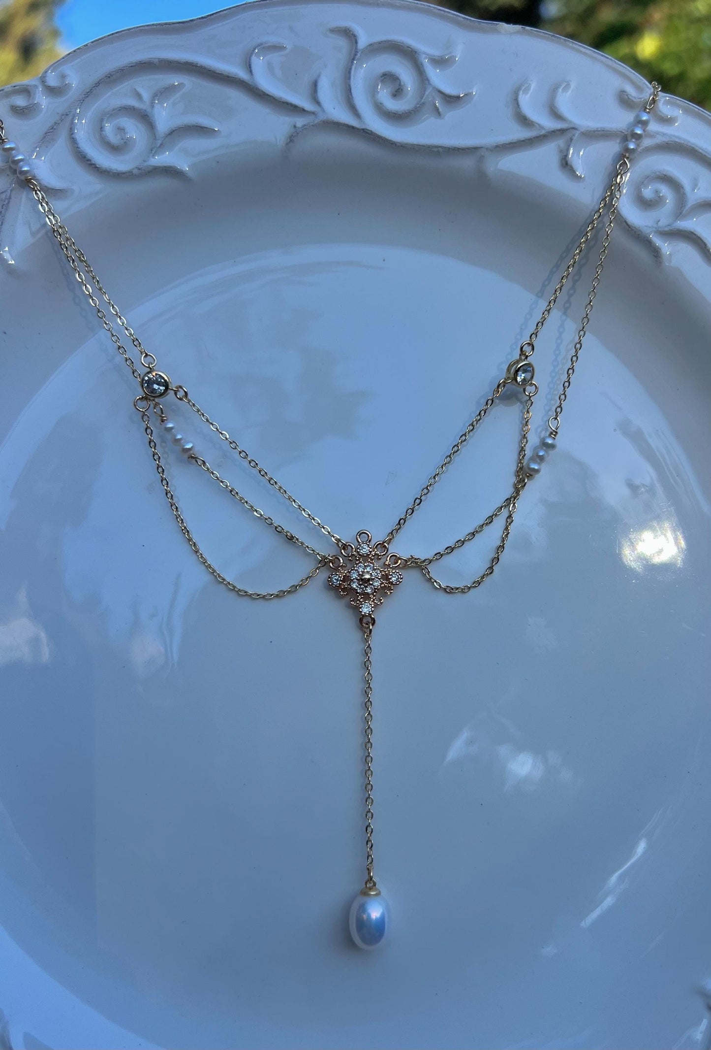 Vintage style freshwater pearl filigree necklace. Art nouveau necklace. Diamonds necklace. Victoria style necklace. Gift for her