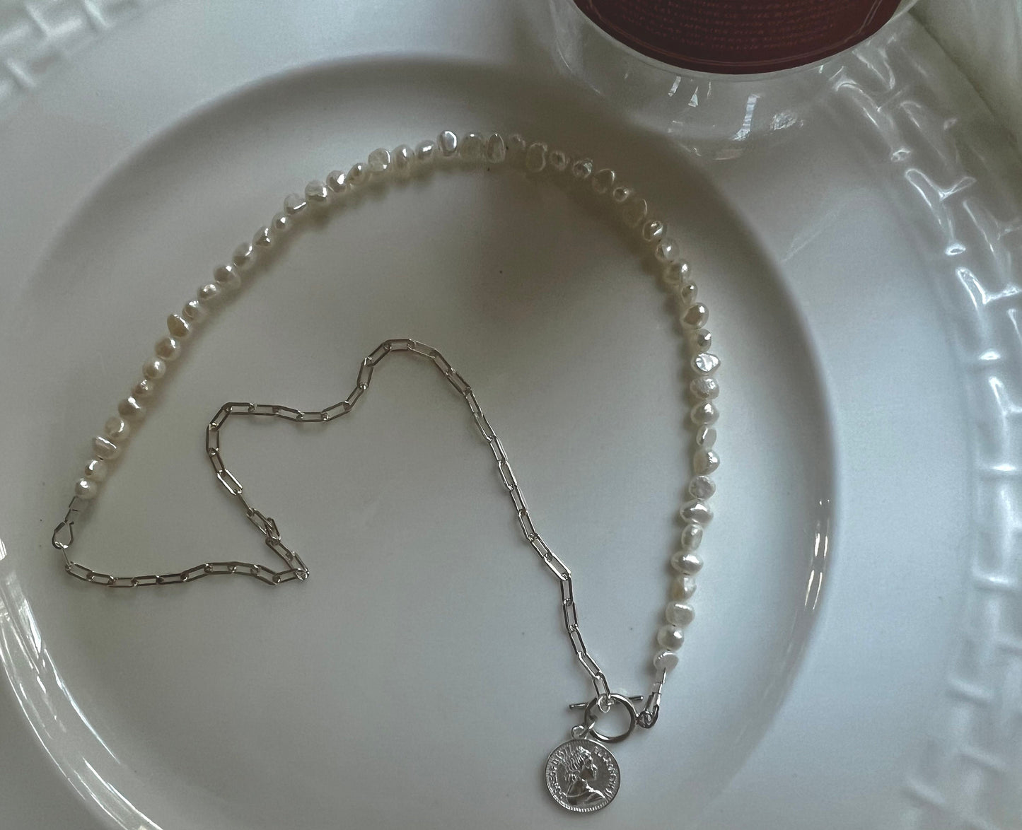 925 sterling silver freshwater pearl paperclip chain half necklace. Pearl statement necklace. Real pearl necklace. Chic necklace