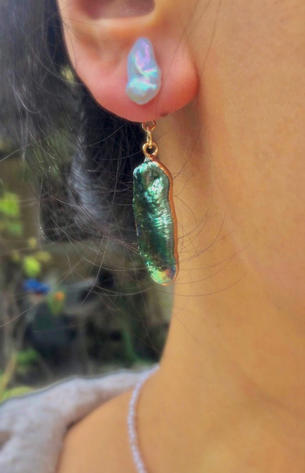 Peacock Baroque pearls front back stud earring. Unique large irregular pearl earring. Green and blue baroque pearl drop earring. Wedding.