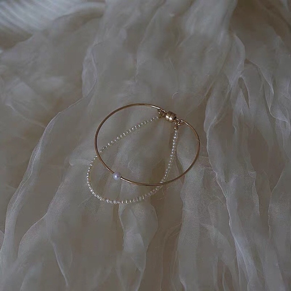 14K gold filled freshwater pearl vintage style double layered Chic bracelet. Real pearl bangle. Baby pearl bangle. Elegant pearl bracelet.