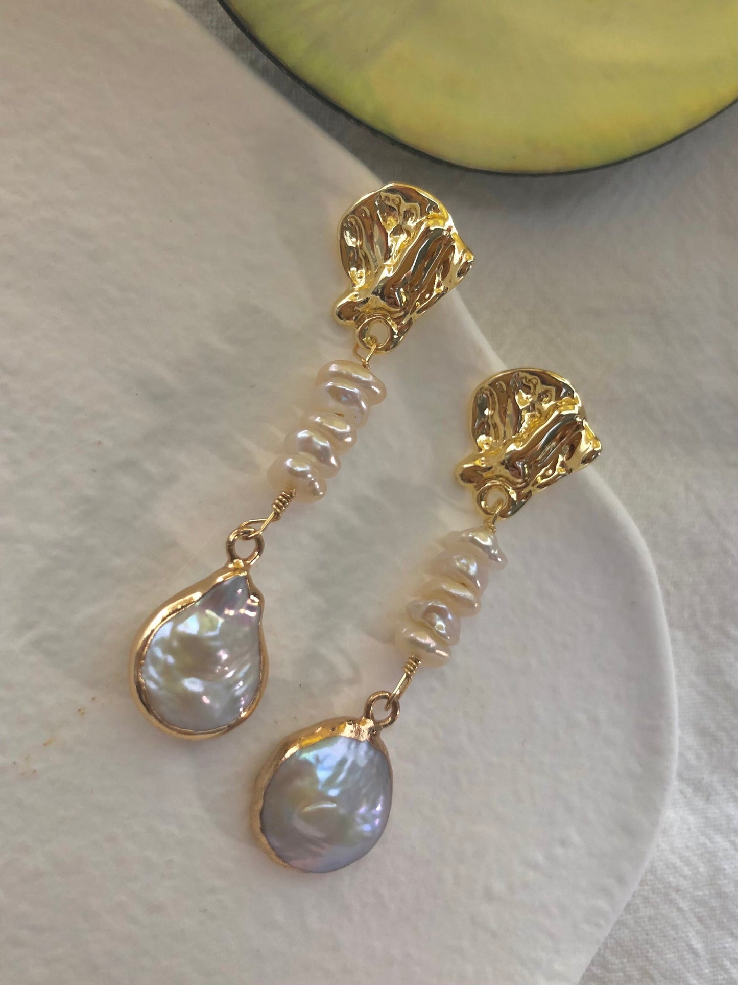 Multi-color freshwater baroque pearl dangle earring. Real pearl earrings. Statement earrings. Boho pearl earrings. Wedding earrings.