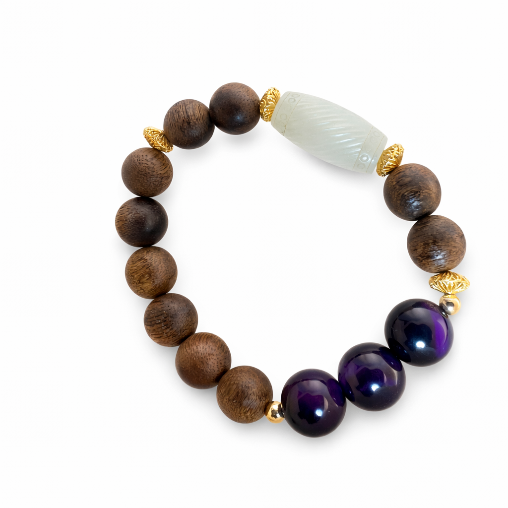 Harmony Series Bracelet: Amethyst, Agarwood, & Carved Jade