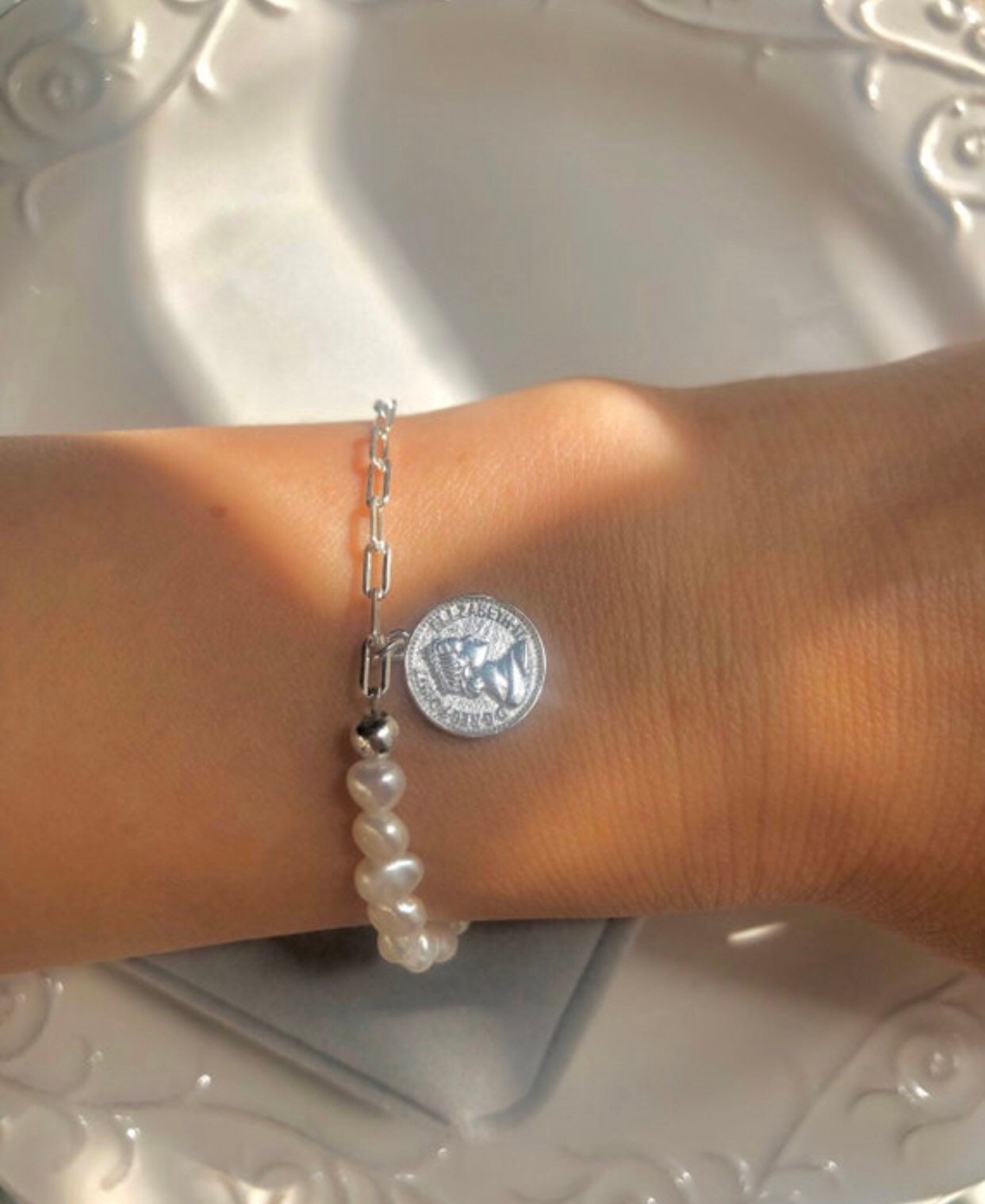 925 sterling silver freshwater pearl paperclip chain half necklace. Pearl statement necklace. Real pearl necklace. Chic necklace