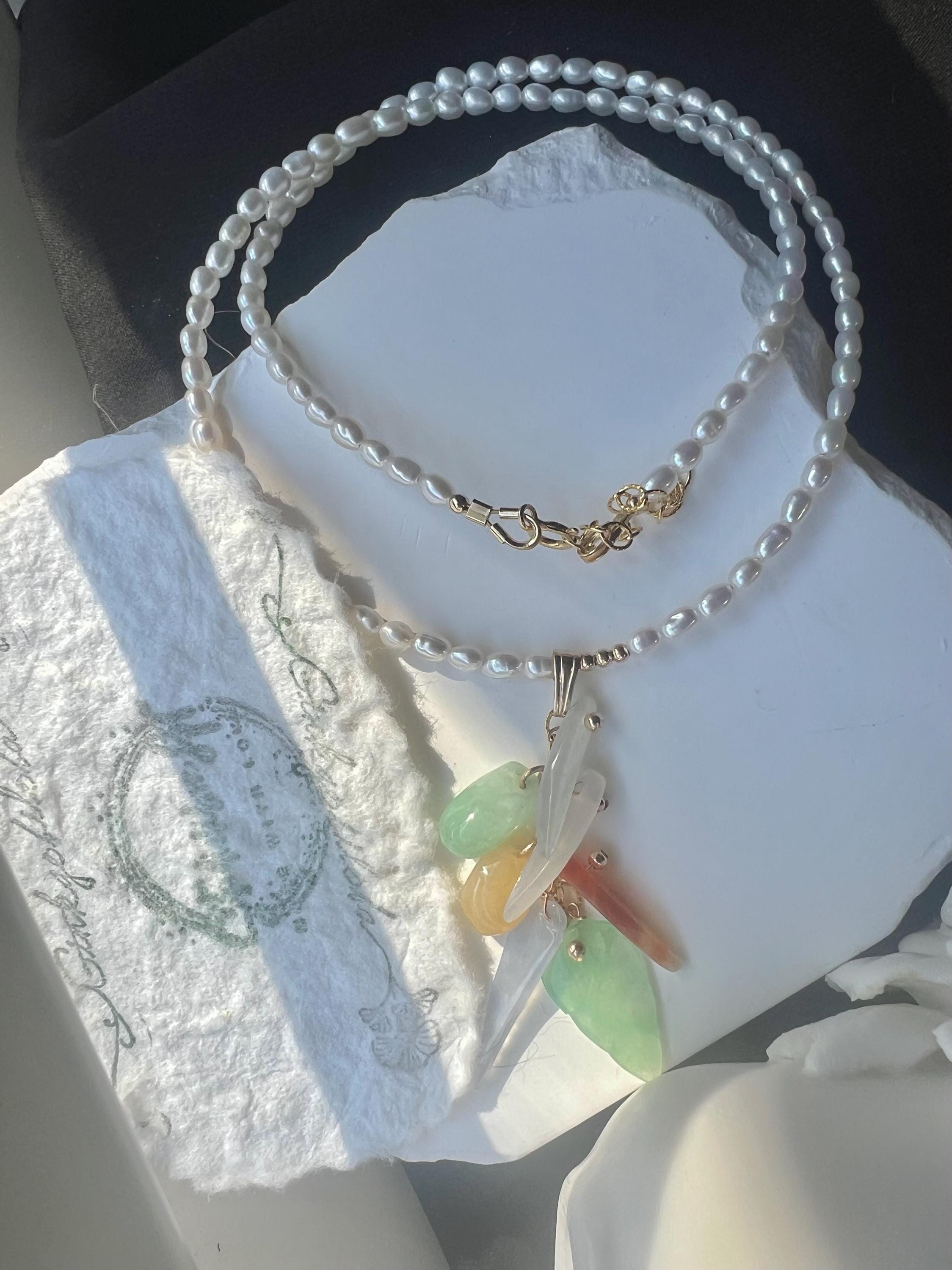 Handmade Freshwater Seed Pearl Necklace with jadeite Cluster Pendant • Carved Jade Leaf & Green jadeite Charms • Dainty Rice Pearl Choker