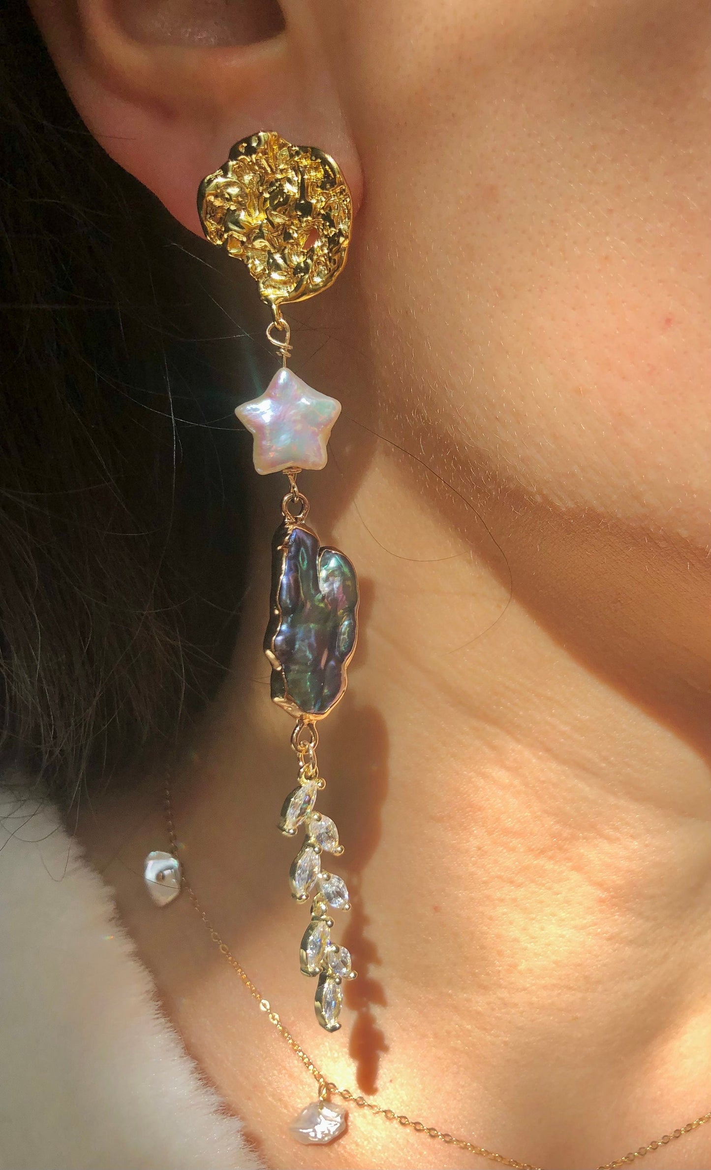 Chic moon star freshwater pearl unbalanced dangle earrings. Designed charm asymmetry earrings. Gift for her