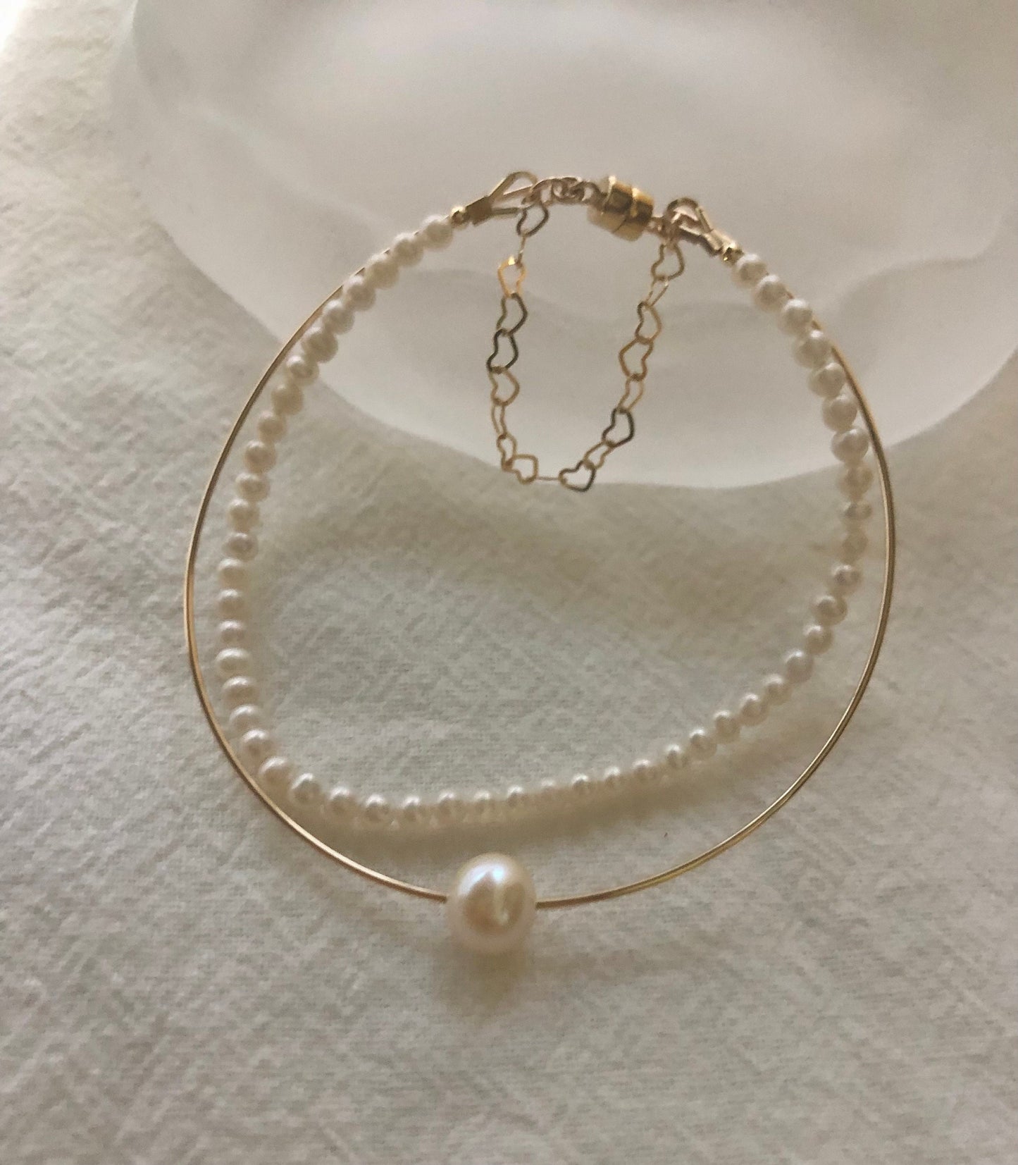 14K gold filled freshwater pearl vintage style double layered Chic bracelet. Real pearl bangle. Baby pearl bangle. Elegant pearl bracelet.