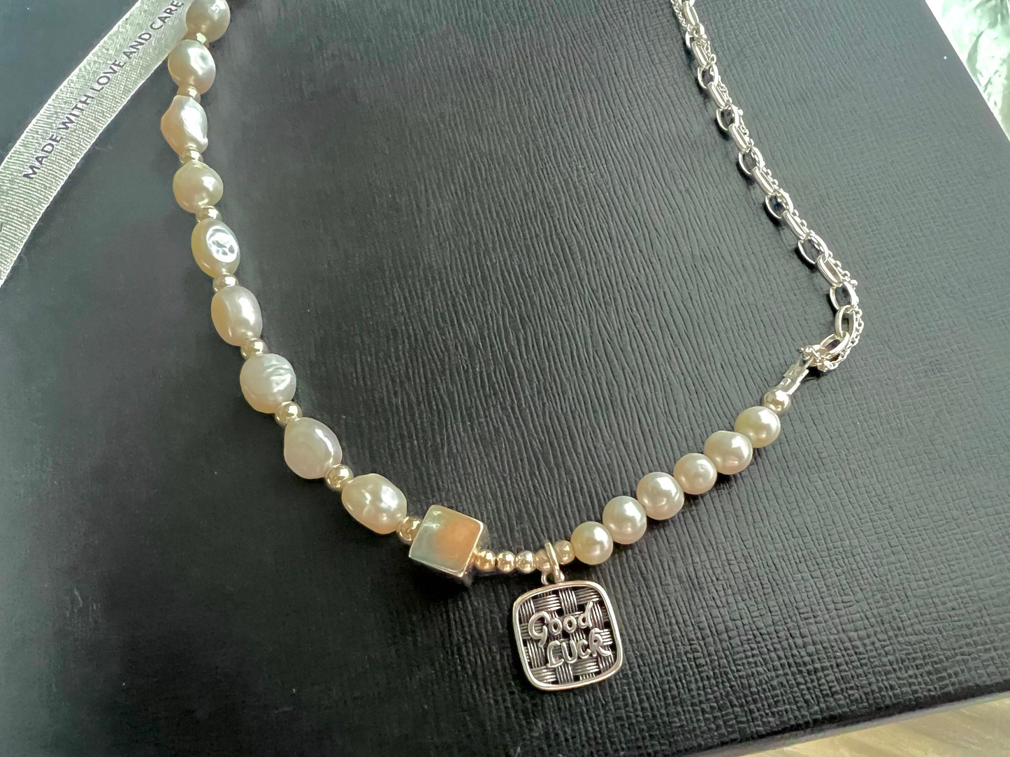 925 sterling silver freshwater pearl half chain layered lucky charm necklace. Real pearl statement necklace. Boho necklace. Chunky necklace.