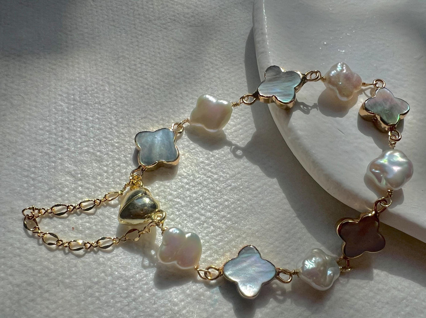 Freshwater multiple-color baroque clover pearl and mother of pearl clover bracelet. White four leaf flower bracelet.  Lucky bracelet.