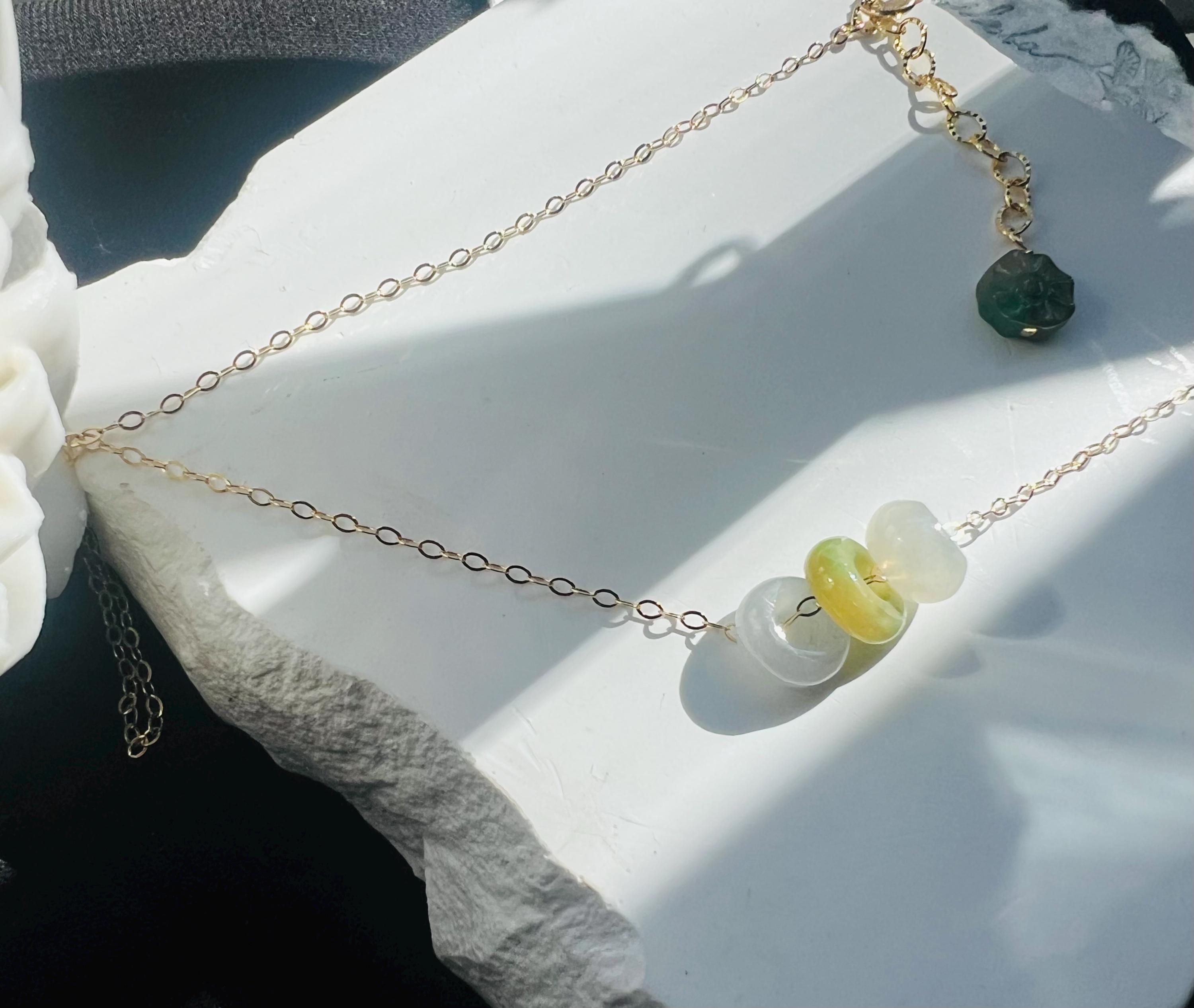 Dainty Jade Donut Necklace, Minimalist 925 Sterling Silver or gold filled Necklace, Tiny Jade Beads, 15 Inch Necklace, Gift for Her