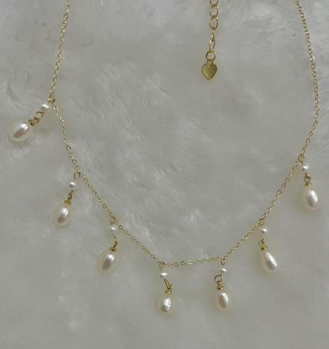 14K gold filled freshwater pearl France style lace necklace. Multiple-Layered dangle pearl necklace. Wedding necklace. Bridal necklace.