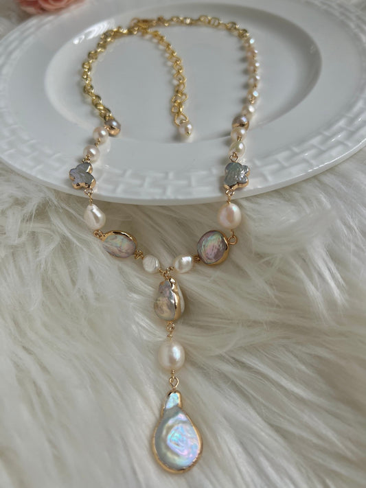 Freshwater multiple-color multiplie-shape baroque pearl chain necklace. High luster baroque pearl necklace. Y necklace. Vintage necklace
