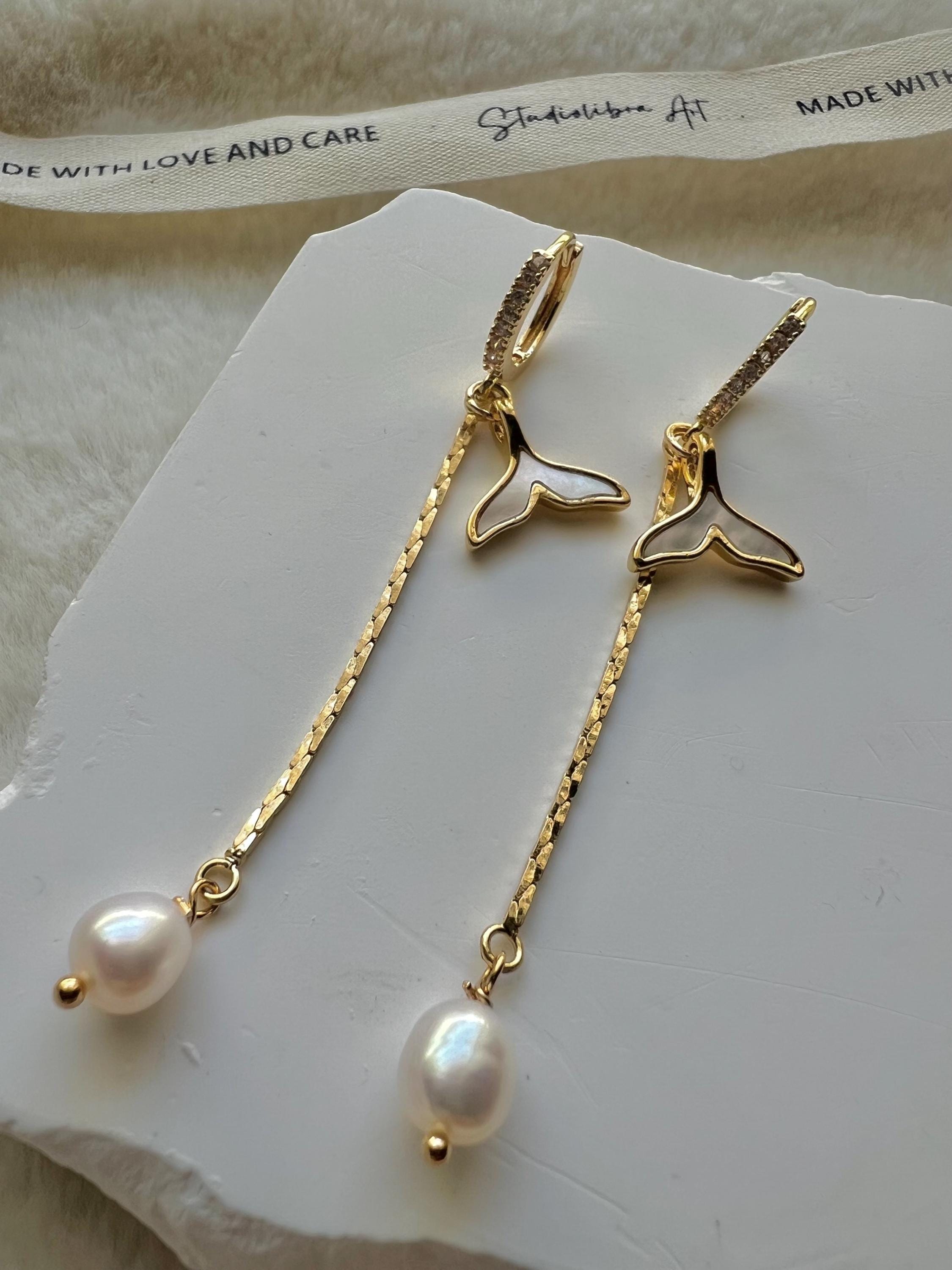 Chic sparkling crystal mermaid freshwater pearl hoop dangle earring. Diamond earrings. Bridal earrings. Gift for her.