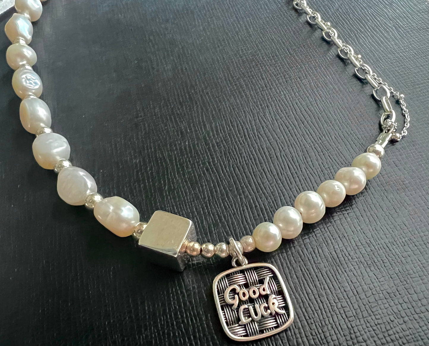 925 sterling silver freshwater pearl half chain layered lucky charm necklace. Real pearl statement necklace. Boho necklace. Chunky necklace.